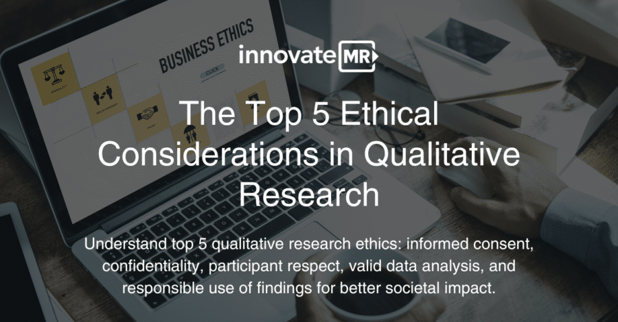 A survey programmer is working on a laptop displaying a presentation titled "The Top 5 Ethical Considerations in Qualitative Research" by InnovateMR. Text highlights key ethics: consent, confidentiality, respect, analysis, and responsible use in market research.