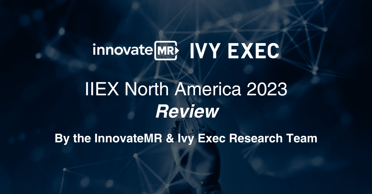 Text reads: "IIEX North America 2023 Review by the InnovateMR & Ivy Exec Research Team" on a dark background with abstract lines and a hand reaching out, highlighting insights into market research and data collection trends.