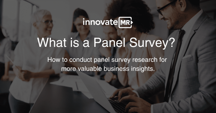 Group of professionals working on laptops with the text "What is a Panel Survey? How to conduct panel survey research for more valuable business insights" overlaid, highlighting crucial market research techniques. Innovate MR logo is present.