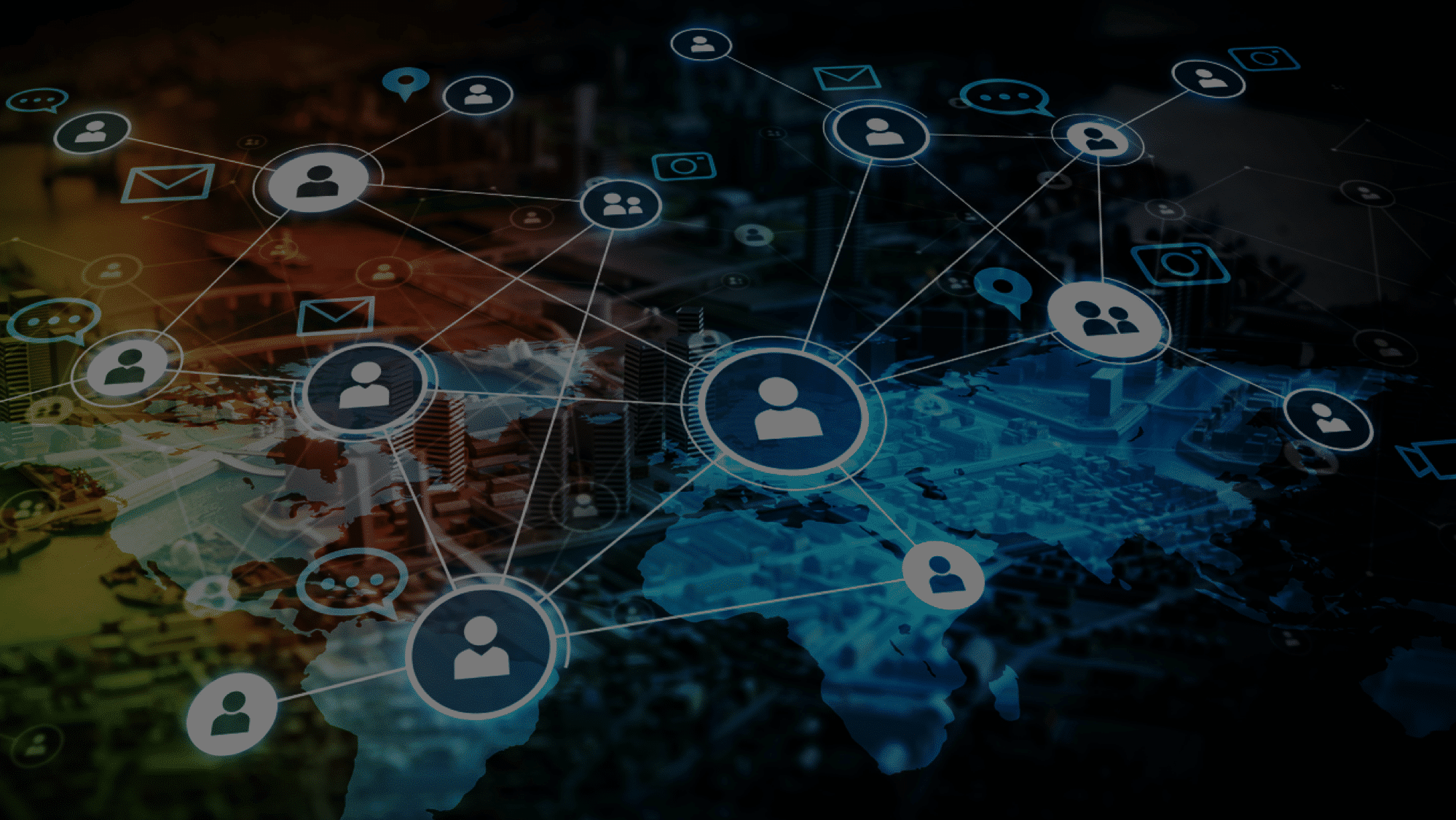 Digital illustration of a global network, showcasing interconnected icons of people over a dark, semi-transparent world map background, highlighting the intricate work of survey programmers in data collection and market research.