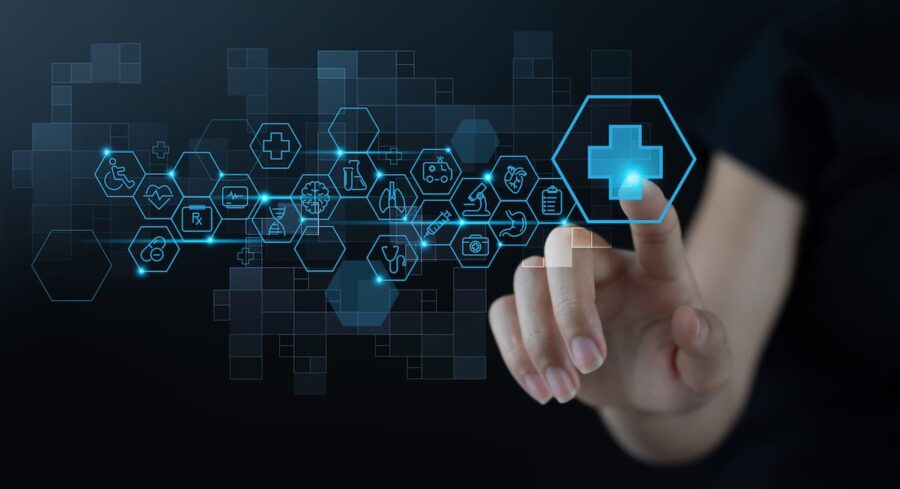 A person's hand interacts with a digital interface displaying various medical icons, including a cross, microscope, DNA strand, and heartbeat symbol, all connected through hexagonal shapes on a dark background—much like the interconnected elements in market research and data collection.